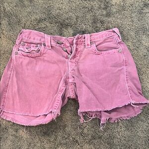 True Religion Pink Jean Shorts Distressed Mid-Thigh
